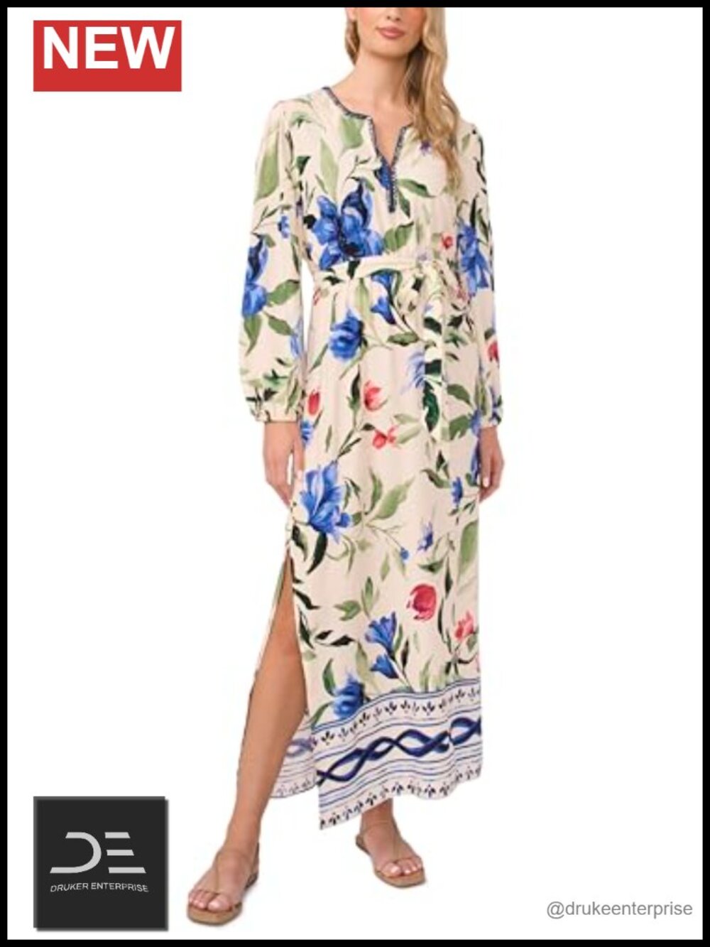 Long Sleeve V-Neck A-Line Maxi Dress with Side Slits